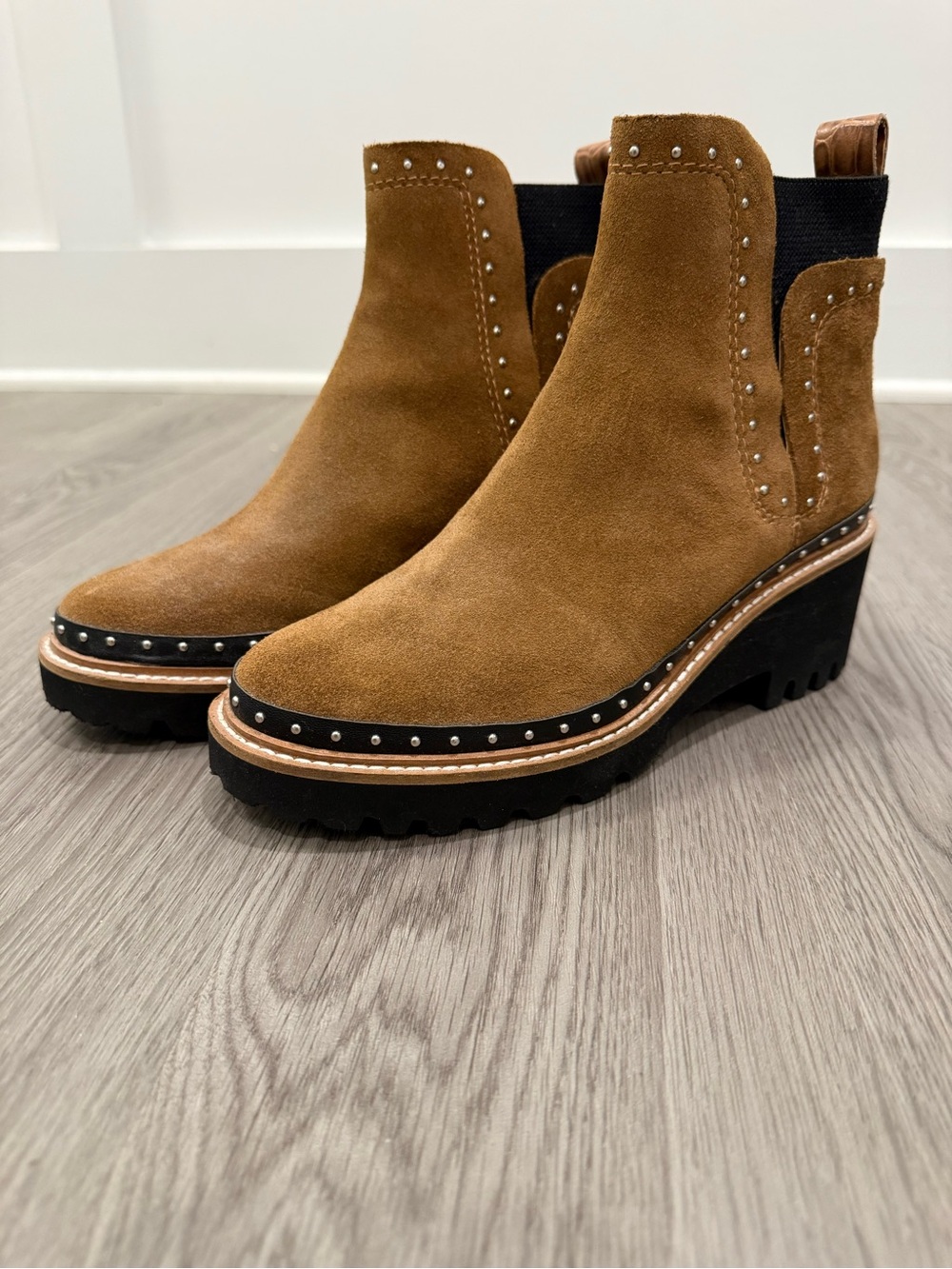 Dolce Vita Cognac Suede Studded Wedge Chelsea Booties